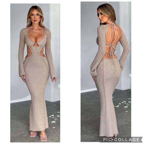 Babyboo Dresses & Skirts - NEW Babyboo Nadine Crochet Maxi Dress Size Medium Beige Khaki Tan